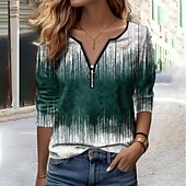 tanie koszulka sztuka i design-Damskie Podkoszulek Przejście kolorów Moda Długi rękaw W serek Pół zamek Zwykłe topy Codzienny Weekend Nadruk Quarter Zip Czerwony Niebieski Zielony Wiosna i jesień