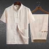 cheap Men&#039;s Tee Sets-Men&#039;s T-shirt Suits Shirt and Pant Sets 2 Pieces Outfits Short Sleeve Standing Collar Summer Chinese character Fashion Chinese Style Casual 2 Piece Vacation Daily Wear Going out White Beige Gray Top