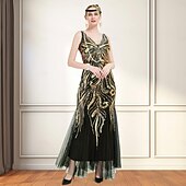 preiswerte 1920er Kleider-Goldene Zwanziger 1920er Knöchellänge Kleid Abendkleid Outfits Ärmellos Der große Gatsby Charleston Hochzeitsgast Pailletten Feder V Ausschnitt Kostüm Damen Neujahr Maskerade Abendgesellschaft