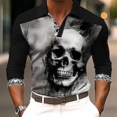 cheap Men&#039;s Printed Polo-Men&#039;s Skull Polo Shirts Golf Shirt Long Sleeve Polo Shirts Collared Shirts Horror Streetwear Festival Wear Party Outfits Buttons 3D Print Fall &amp; Winter Black
