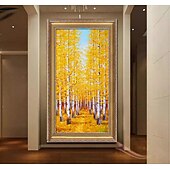 abordables Peintures paysages-grand art peint à la main vertical jaune tan bouleau forêt automne paysage peinture épaisse couteau à palette peinture à l&#039;huile sur toile sans cadre