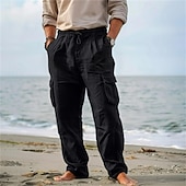 cheap Holiday-Men&#039;s Cargo Pants Trousers Summer Pants Beach Pants Drawstring Elastic Waist Multi Pocket Plain Comfort Breathable Outdoor Daily Going out Fashion Casual Black White