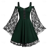 baratos Vestidos-Retro Vintage Medieval Renascentista Vestidos Viking Elfo Renda Mulheres Fantasia Baile de Máscaras Casual / Diário Adulto Vestido