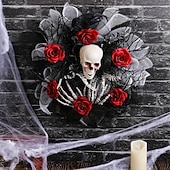 billige Halloween-kranser og blomsterdekorasjoner-Halloween-kranser til inngangsdør innendørs utendørs dekorasjon, roseskalle-nettkrans hengende for skummel bar- og festskjelettdekorasjon