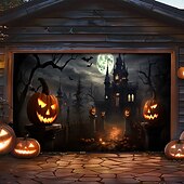billige Halloween garasjeportdeksel-halloween dørdekorasjoner utendørs halloween garasjedørdeksel jack o lanterne gresskar slott banner skummel skog stort bakteppe dekorasjon for ferie utendørs garasjedør hjem veggdekorasjoner