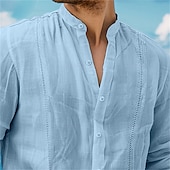 economico Vacanza-Per uomo Camicia camicia di lino Camicia Guayabera Camicia con colletto a fascia Camicia estiva Camicia da spiaggia Liscio Da mare Curise Bianco Blu marino Verde Cachi Manica lunga A fascia Primavera