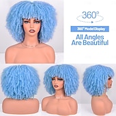 abordables Perruques historiques-Perruques courtes crépues pour femmes noires perruque afro bouclée avec frange perruque afro bleue entièrement fabriquée à la machine bouclée et moelleuse pour Halloween et soirées cosplay