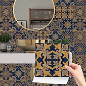 お買い得  ウォールステッカー-24枚のモロッコ風タイルステッカー、厚手のクリスタルフィルムPVC壁用デカール、防水 &amp;耐油性、取り外し可能なレトロなタイル壁装飾、バスルーム、キッチン、ヴィンテージホーム
