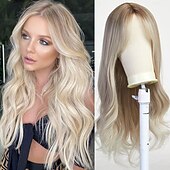 baratos Perucas de festa-Peruca Longa Cacheada Loira para Mulheres Cabelo Sintético com Franjas Peruca Ondulada com Raízes Escuras Cosplay Diário Alta Densidade Resistente ao Calor Perucas de Halloween