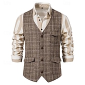 cheap Men&#039;s Vest-Men&#039;s Vest Gilet Wedding Event / Party Daily Fashion Business Spring &amp; Summer Button Pocket Polyester Comfortable Plaid Double Breasted Lapel Regular Fit Light Grey Dark Gray Coffee Vest