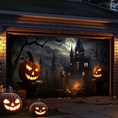 billige Halloween garasjeportdeksel-halloween dørdekorasjoner utendørs halloween garasjedørdeksel jack o lanterne gresskar slott banner skummel skog stort bakteppe dekorasjon for ferie utendørs garasjedør hjem veggdekorasjoner