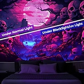 baratos tapeçarias de parede de halloween-Tecido de Halloween Caveiras Tecido de Luz Negra Reativo UV Brilho no Escuro Cemitério Nebuloso Pendurado Arte de Parede Mural para Sala de Estar Quarto