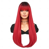 economico Parrucche da festa-parrucca lunga e dritta con frangia parrucche sintetiche a strati in fibra naturale resistente al calore per donne ragazze parrucche per feste di carnevale cosplay