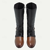cheap Biker Boots-Men&#039;s Vintage Black and Brown Leather Riding Boots - Retro Knee-High Boots with Buckle Detail for Casual and Outdoor Wear