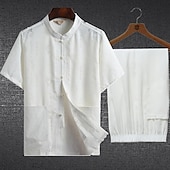 cheap Men&#039;s Tee Sets-Men&#039;s T-shirt Suits Shirt and Pant Sets 2 Pieces Outfits Short Sleeve Standing Collar Summer Chinese character Fashion Chinese Style Casual 2 Piece Vacation Daily Wear Going out White Beige Gray Top