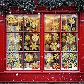 abordables Etiqueta engomada-6 hojas de calcomanías de ventana y pegatinas de pared con copos de nieve: adhesivo estático dorado y plateado brillante, vidrio festivo y decoración de pared para Navidad, perfecto para ventanas, espejos y decoración del hogar
