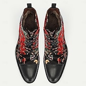 cheap Premium Leather Boots-Men&#039;s Black Floral Combat Boots with Rugged Soles and Leather Toe Caps for Casual and Outdoor Wear