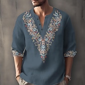 cheap Ethnic Pattern-Men&#039;s Ethnic Shirt Button Up Shirt Henley Shirt Long Sleeve Casual Tribal Vacation Daily Summer Spring Fall Collarless V Neck Print Black White Blue Orange