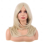 preiswerte Party Perücken-20 Zoll  50 cm lange gestufte Perücke mit Pony gerade synthetische Faser schulterlanges Haar für tägliche Nutzung oder Partyperücke (blond) Halloween-Perücken