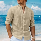 economico Vacanza-Per uomo Camicia camicia di lino Camicia Guayabera Camicia con colletto a fascia Camicia estiva Camicia da spiaggia Liscio Da mare Curise Bianco Blu marino Verde Cachi Manica lunga A fascia Primavera