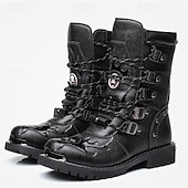 abordables Botas de ciclista-Botas de moto de cuero negro resistente para hombre: diseño resistente con múltiples hebillas y suela reforzada para uso en motociclistas y al aire libre