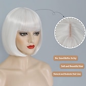 baratos Perucas de festa-Peruca Bob com Franjas Peruca Bob Curta Branca para Mulheres Peruca Reta Bob com Franjas de 10 Polegadas Resistente ao Calor Cabelo Sintético Natural para Uso Diário e de Festa Perucas de Halloween