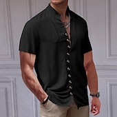 cheap Business Casual-Men&#039;s Shirt Linen Shirt Chinese Collar Shirt Mandarin Collar Shirt Casual Shirt Button Up Shirt Plain Vacation Street Black White Pink Khaki Short Sleeve Grandad Collar Summer Clothing Apparel