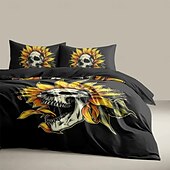 baratos Quarto de Halloween-Conjunto de capa de edredom com caveira floral de Halloween – inclui capa de edredom e fronhas – design assustador e festivo – tecido macio e confortável – perfeito para decoração de casa de Halloween