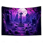 baratos tapeçarias de parede de halloween-Tecido de Halloween Caveiras Tecido de Luz Negra Reativo UV Brilho no Escuro Cemitério Nebuloso Pendurado Arte de Parede Mural para Sala de Estar Quarto