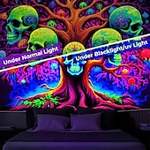 お買い得  ハロウィン壁タペストリー-ブラックライトタペストリー 紫外線反応性 暗闇で光る 頭蓋骨の木 トリッピーな山 霧の掛かるタペストリー 壁アート リビングルーム 寝室用