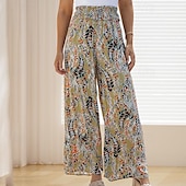 voordelige wijde pijpen en hoge taille-Dames Breed Been Broeken Modieus Lang Bloemig Breed Been Elastische tailleband Opdrukken Ademend Comfortabel Micro-elastisch Casual / Dagelijks Regenboog Lente zomer Ruim Passend