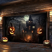 billige Halloween garasjeportdeksel-halloween dørdekorasjoner utendørs halloween garasjedørdeksel jack o lanterne gresskar slott banner skummel skog stort bakteppe dekorasjon for ferie utendørs garasjedør hjem veggdekorasjoner