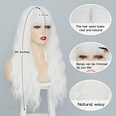 economico Parrucche da festa-parrucca con frangia lunga naturale ondulata parrucche sintetiche per donne 26 pollici di lunghezza parrucche in fibra resistenti al calore per uso in festa cosplay parrucche di carnevale