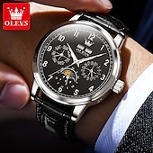 cheap Mechanical Watches-OLEVS Men Mechanical Watch Fashion Business Wristwatch Automatic Self-winding Moon phase Luminous Perpetual Calendar Leather Watch