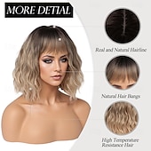cheap Party Wigs-Ombre Blonde Wigs for Women Short Wavy Wig with Bangs Ash Blonde Bob Wig with Dark Roots Medium Length Natural Synthetic Hair for Daily Party&amp;amp Cosplay Halloween Wigs