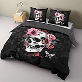 baratos Quarto de Halloween-Conjunto de capa de edredom com caveira floral de Halloween – inclui capa de edredom e fronhas – design assustador e festivo – tecido macio e confortável – perfeito para decoração de casa de Halloween