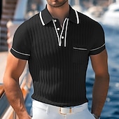 cheap Men&#039;s Classic Polo-Men&#039;s Knit Polo Sweater Pullover Casual Lapel Short Sleeve Beach Old Money Style Lines / Waves Pocket Summer Spring Black Navy Blue Brown Chocolate Knit Polo Sweater