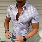 cheap Geometric Pattern-Men&#039;s Geometric Pattern Lattice Shirt Short Sleeve Designer Beach Casual Summer Turndown Print Black White Red Blue Green