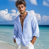 voordelige heren overhemd met knopen-Voor heren Overhemd Zomer overhemd Strand Kleding Overhemd met knopen Normaal shirt Gestreept shirt Blozend Roze Groen Donkergrijs Licht Blauw Lange mouw Effen Band Kraag Dagelijks Vakantie Splits