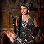 economico Abiti degli anni '20-Set Anni Ruggenti Anni 1920 Lunghezza al ginocchio Vestito Abito Flapper Abiti con accessori Senza maniche Il grande Gatsby Charleston Invitato al matrimonio Paillettes Frangia con nappe Piuma Scollo