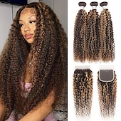 economico 3 ciocche con closure-p4/27 evidenziano capelli umani ricci ondulati 3 pacchi con chiusura in pizzo 4x4 capelli umani remy