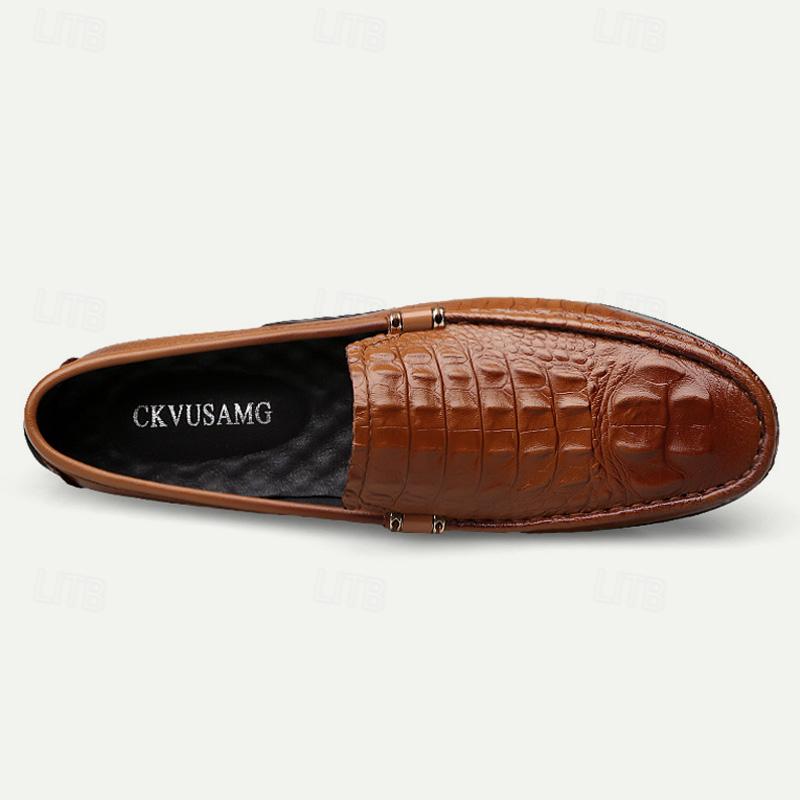 levne Neformální-pánské hnědé mokasíny z krokodýlí kůže - stylové slip-on společenské boty pro podnikání i běžné nošení