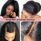 abordables Pelucas delanteras del cordón de cabello natural-Peluca recta rizada con encaje frontal de 13x6, pelucas de cabello humano con cierre frontal recto yaki transparente hd para mujeres, peluca sin cola de 20 pulgadas con densidad de 180%, prearrancada