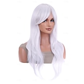 economico Parrucche da festa-Parrucche lunghe 28 pollici 70 cm capelli ricci e ondulati parrucche resistenti al calore per le feste di Halloween e cosplay bianche puro