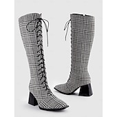 billige Mote støvler-vintage svart-hvitt rutete lace-up knehøye støvletter for kvinner med blokkhæl for uformell høst- og vintermote