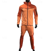 cheap Tracksuits-Men&#039;s Tracksuit Jogging Suit 2 Piece Full Zip Casual Fall Long Sleeve Breathable Soft Fitness Gym Workout Running Sportswear Activewear Color Block Gray Black Black Orange