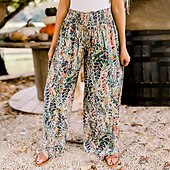 voordelige wijde pijpen en hoge taille-Dames Breed Been Broeken Modieus Lang Bloemig Breed Been Elastische tailleband Opdrukken Ademend Comfortabel Micro-elastisch Casual / Dagelijks Regenboog Lente zomer Ruim Passend