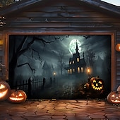 billige Halloween garasjeportdeksel-halloween dørdekorasjoner utendørs halloween garasjedørdeksel jack o lanterne gresskar slott banner skummel skog stort bakteppe dekorasjon for ferie utendørs garasjedør hjem veggdekorasjoner