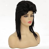 tanie Peruki historyczne-Czarne peruki Mullet dla kobiet kręcone ramionowe puszyste włosy lat 70. i 80. rocker cosplay syntetyczne (czarne) Halloween
