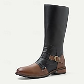 cheap Biker Boots-Men&#039;s Vintage Black and Brown Leather Riding Boots - Retro Knee-High Boots with Buckle Detail for Casual and Outdoor Wear